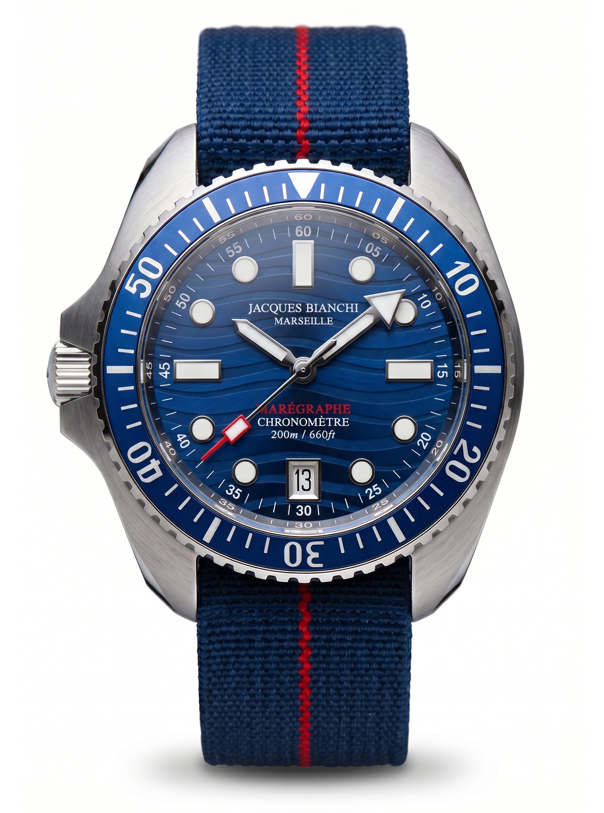 Jacques Bianchi JB200 Marégraphe II blue enamel dial and blue textile strap
